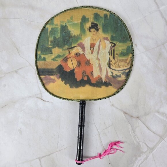 Set of 5 Chinese Silk Round Paddle Hand Fans Geisha Women Bamboo Hand Painted - Picture 3 of 16